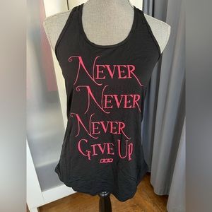 Lorna Jane Black T-back tank, Size M, “never, never, never give up”